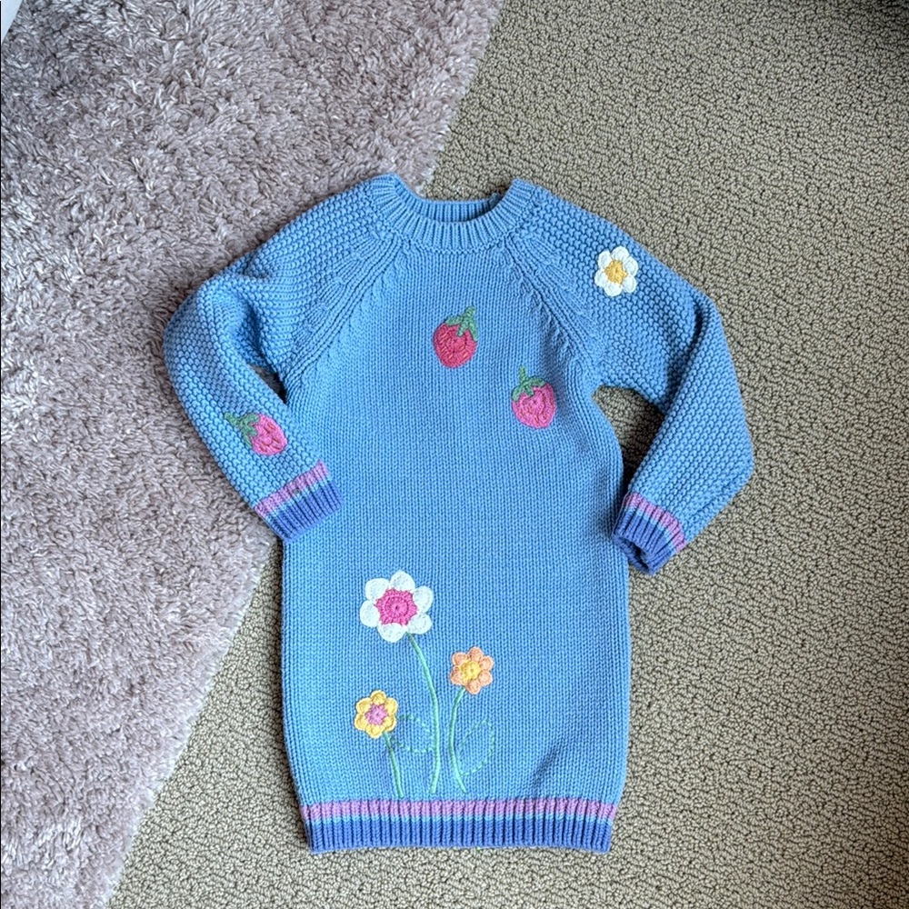 Next Oversized Light Blue Knit Sweater with Floral Embroidery - 3-4 years
